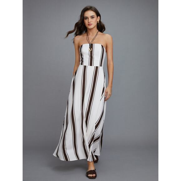 Commense Old Money Striped Strapless Country Club Cream Brown Long Dress M - Picture 1 of 5